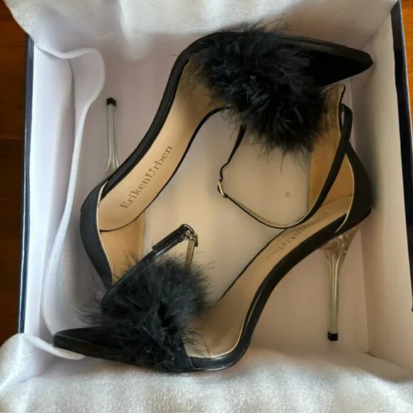 Eriken Urben WOMEN'S STRAPPY BLACK HEELS WITH FEATHERS Size 8 - Picture 3 of 15